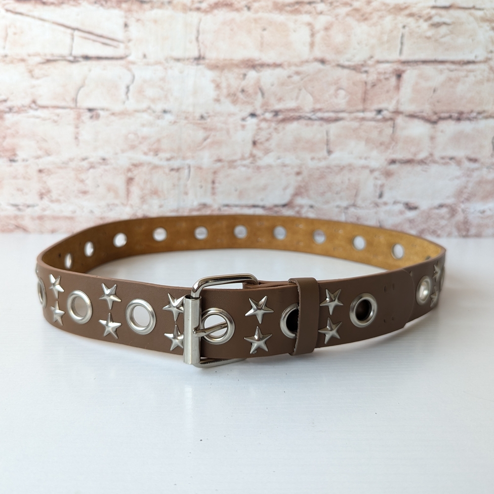 Tan and Silver Star Studs Bohemian Leather Women's Belt